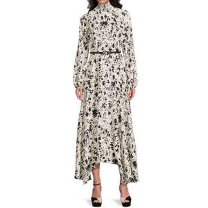 Halston Women’s 10 Black Gray Cream Long Sleeve Scarf Hem Maxi Dress Feminine